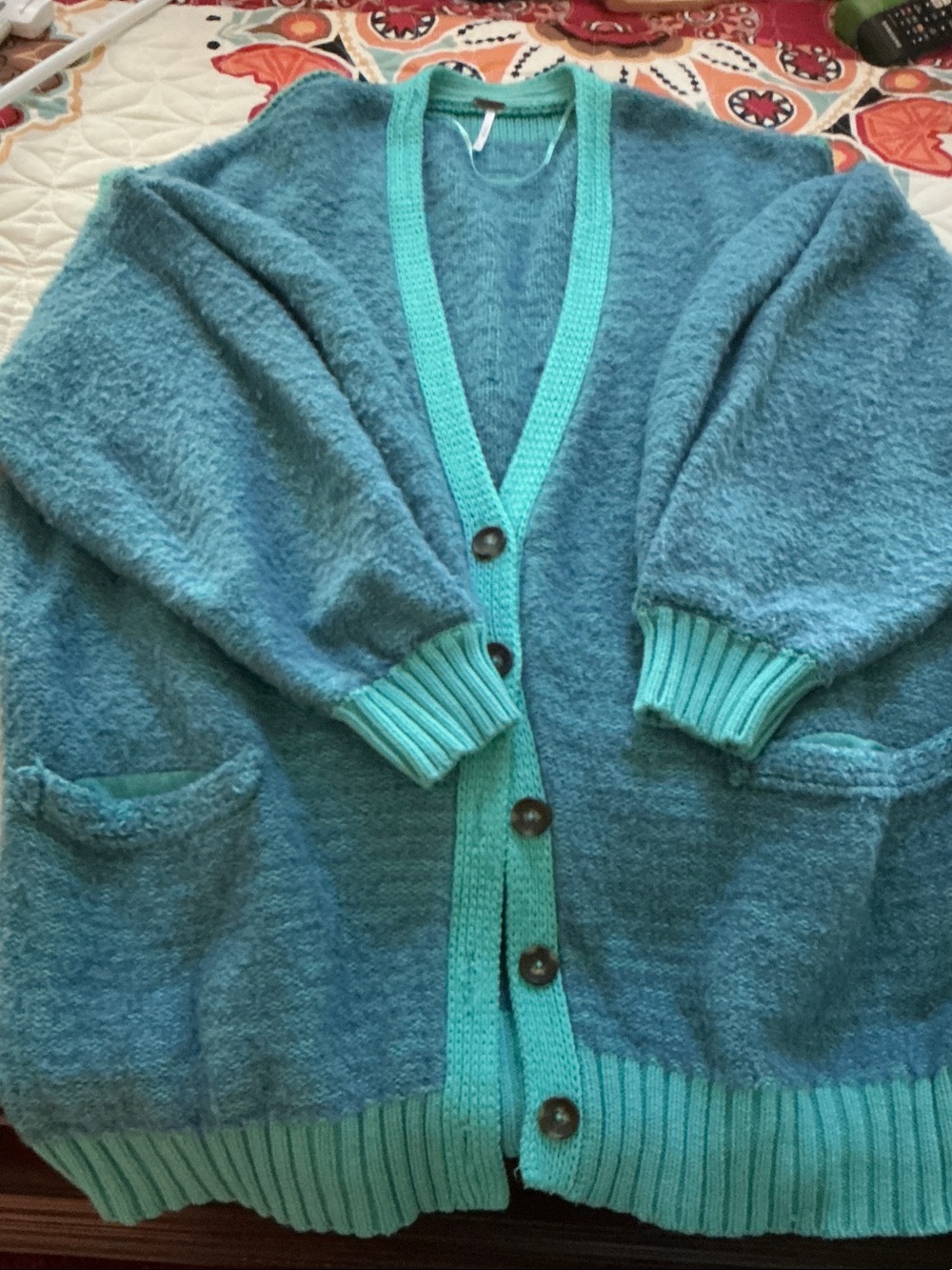 Free People Relaxed Teal Two-Tone Button Front Women's Cardigan Sweater